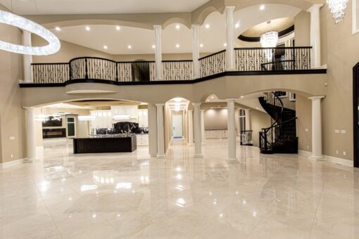 Saddlebrook great room open to the kitchen with balcony above
