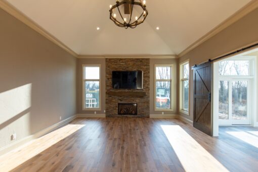 Sanctuary hearth room with stone fireplace