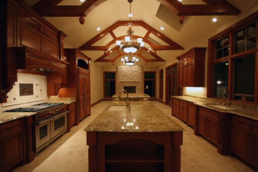 Kingfogl custom home kitchen with timber trusses, granite island and professional range