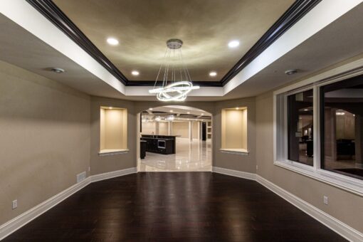 Saddlebrook lower-level room with tray ceiling and dark floors