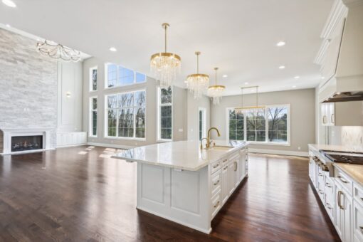 Rangeline kitchen island with view to the great room fireplace