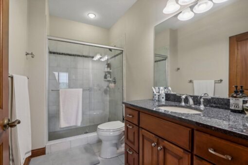 Danbury bathroom with glass shower and wood vanity