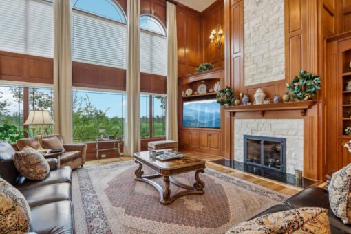 Danbury great room with window wall and fireplace