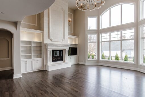 Settlers Circle great room with fireplace and window wall