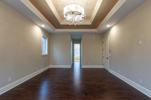 Woodview bedroom with tray ceiling and window