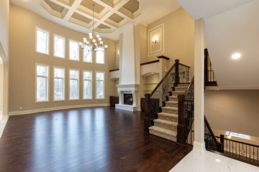 Woodview great room window wall and staircase