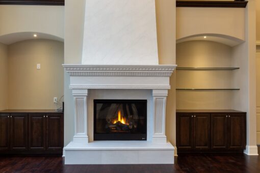 Woodview great room cast stone fireplace with built-ins