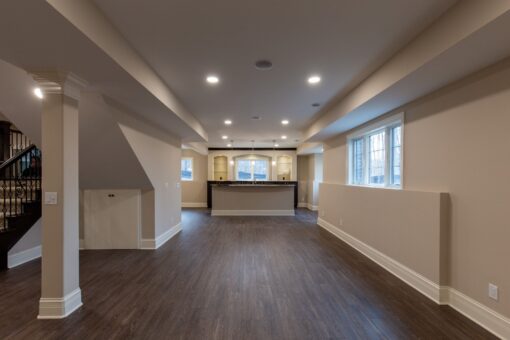Woodview lower-level family room with windows