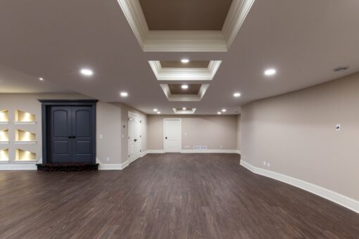 Woodview lower level with tray ceiling and dark double doors