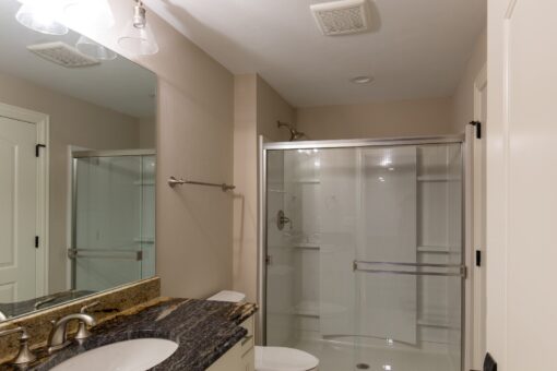 Woodview bathroom with glass shower and black granite