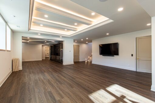 Carlisle lower-level family room with lit tray ceiling and media wall
