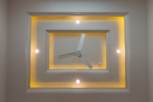 Carlisle lit tray ceiling with ceiling fan in the bedroom