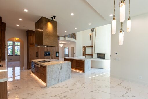 Carlisle kitchen marble island with accent lighting