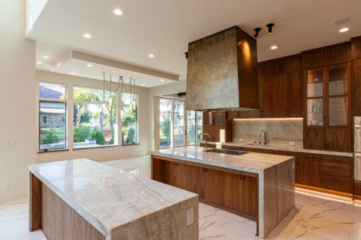 Carlisle kitchen island with marble and walnut