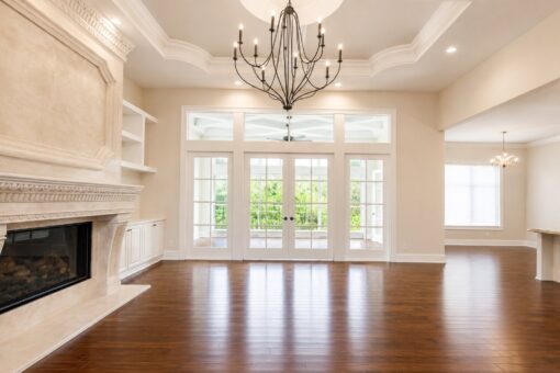 Bella Casa custom home in Mequon by Kingfogl – great room fireplace view 2