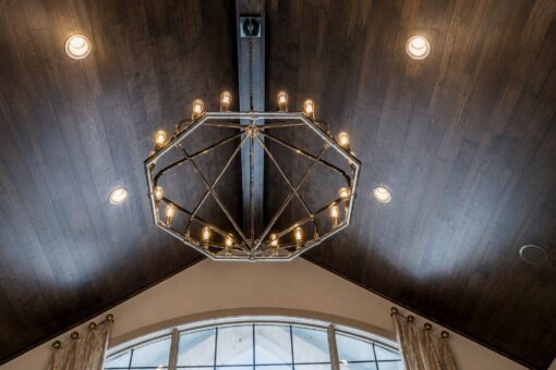 Compton custom home in Brookfield by Kingfogl – ceiling - great room chandelier