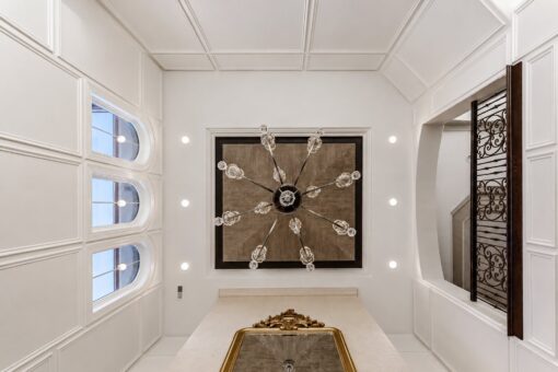 Gatsby custom home in Oconomowoc by Kingfogl – ceiling - coffered chandelier