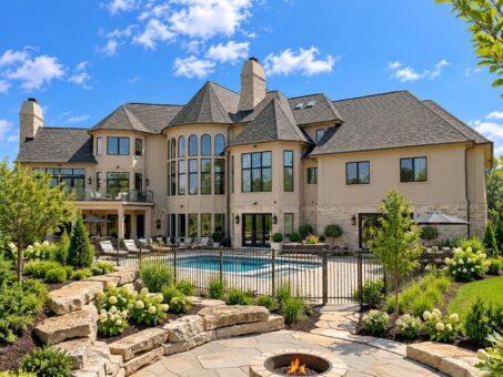 Grand Haven custom home in Brookfield by Kingfogl – rear elevation with pool, stone patio and fire pit