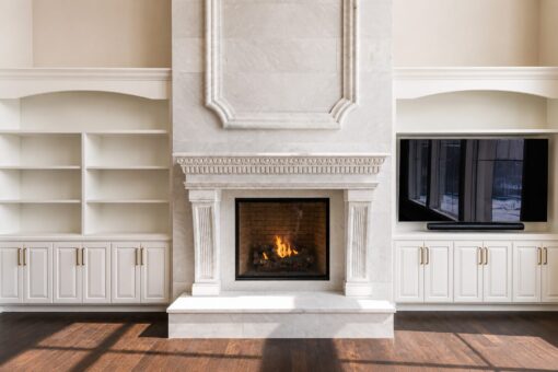 Prescott custom home in Mequon by Kingfogl – great room fireplace lit