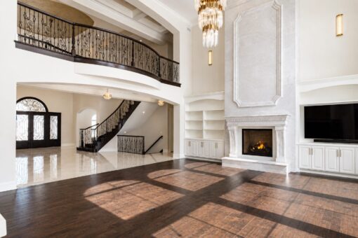 Prescott custom home in Mequon by Kingfogl – great room view to foyer