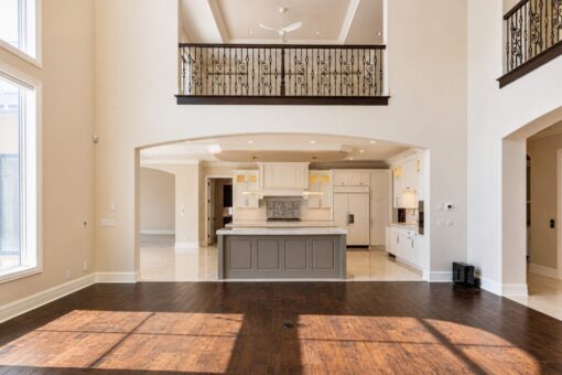 Prescott custom home in Mequon by Kingfogl – great room view to kitchen