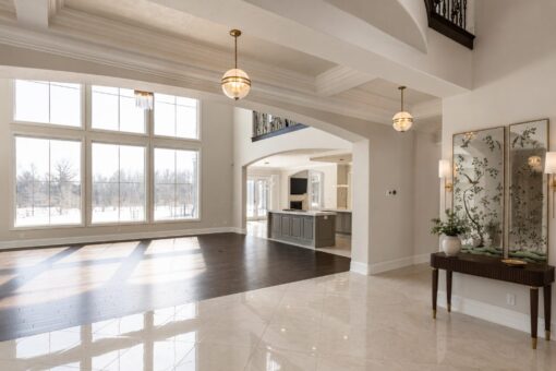 Prescott custom home in Mequon by Kingfogl – great room window wall