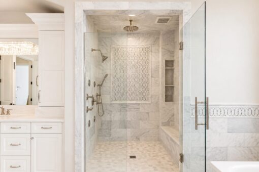 Prescott custom home in Mequon by Kingfogl – primary bath shower view 2