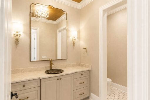 Prescott custom home in Mequon by Kingfogl – bath with vessel sink view 2