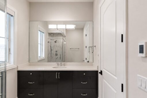 Prescott custom home in Mequon by Kingfogl – bath glass shower vanity view 2