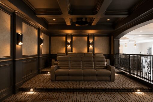 Prescott custom home in Mequon by Kingfogl – lower level theater seating