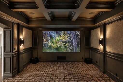 Prescott custom home in Mequon by Kingfogl – lower level theater screen
