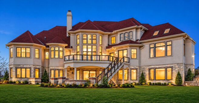 Presidio custom home in Brookfield by Kingfogl – rear elevation at dusk with two-level deck
