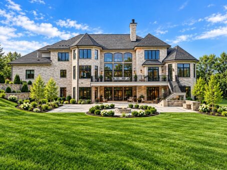 Ridgeline custom home in Menomonee Falls by Kingfogl – rear elevation with stone patio, fire pit and balcony