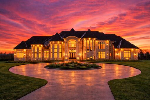 Saddlebrook custom home in Mequon by Kingfogl – exterior front elevation sunset