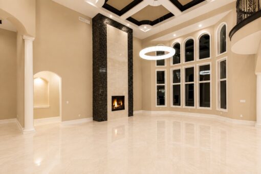 Saddlebrook custom home in Mequon by Kingfogl – great room fireplace and windows view 2