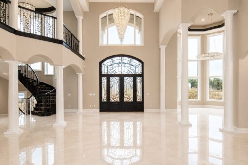 Saddlebrook custom home in Mequon by Kingfogl – great room toward foyer and entry doors