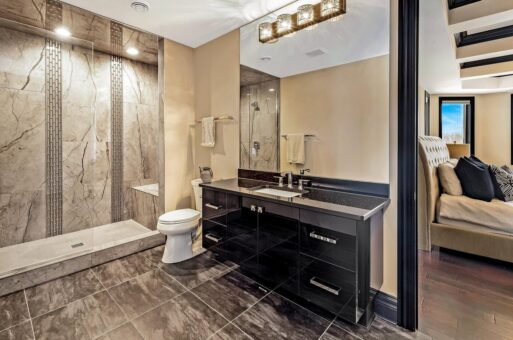 Saddlebrook custom home in Mequon by Kingfogl – 2nd floor bathroom 3 shower and vanity