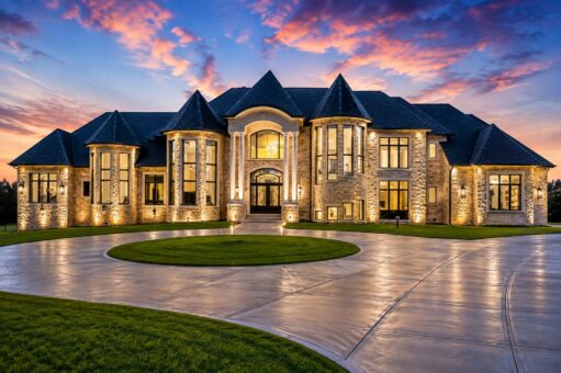 Saddlebrook custom home in Mequon by Kingfogl – front elevation at dusk