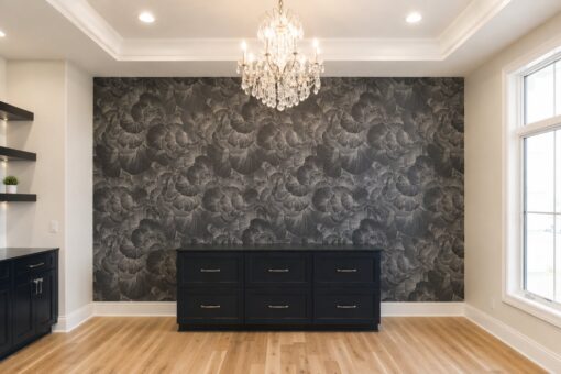 Sanctuary custom home in Menomonee Falls by Kingfogl – study accent wall and chandelier