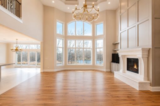Sanctuary custom home in Menomonee Falls by Kingfogl – great room fireplace and window wall