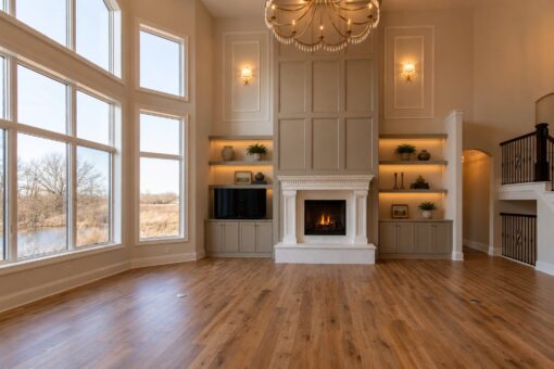 Sanctuary custom home in Menomonee Falls by Kingfogl – great room fireplace and windows