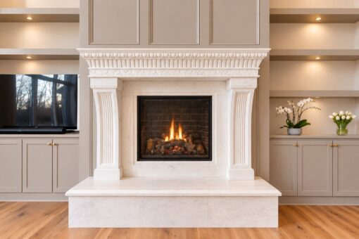 Sanctuary custom home in Menomonee Falls by Kingfogl – great room fireplace and built-ins view 2