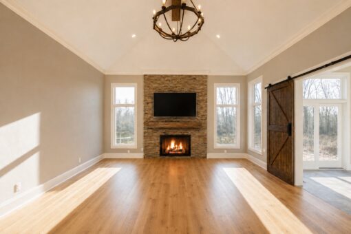 Sanctuary custom home in Menomonee Falls by Kingfogl – hearth room fireplace view 1