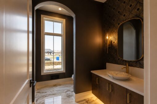 Sanctuary custom home in Menomonee Falls by Kingfogl – powder room vanity and window