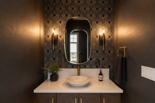 Sanctuary custom home in Menomonee Falls by Kingfogl – powder room vanity view 1