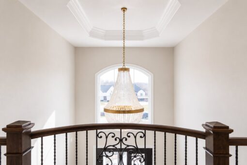 Sanctuary custom home in Menomonee Falls by Kingfogl – 2nd floor balcony and foyer chandelier