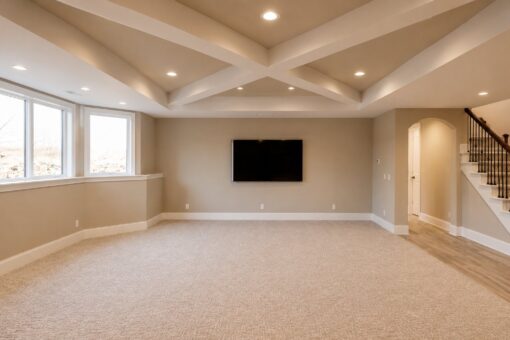 Sanctuary custom home in Menomonee Falls by Kingfogl – basement family room media wall and staircase