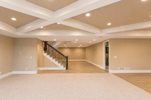 Sanctuary custom home in Menomonee Falls by Kingfogl – basement family room toward staircase view 1