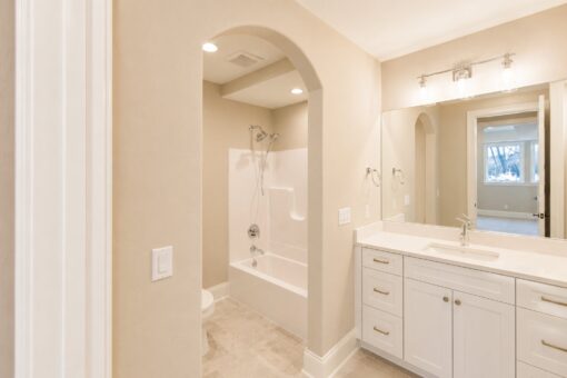 Sanctuary custom home in Menomonee Falls by Kingfogl – basement bathroom tub-shower and vanity