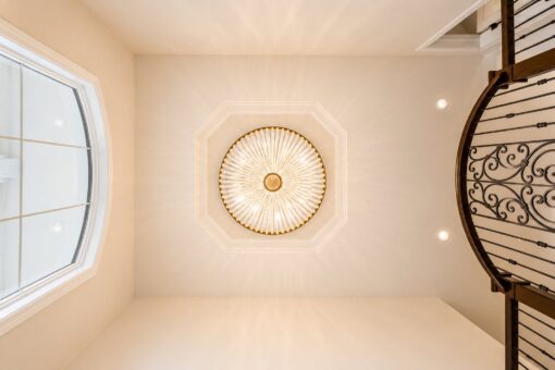 Sanctuary custom home in Menomonee Falls by Kingfogl – octagonal foyer ceiling and chandelier